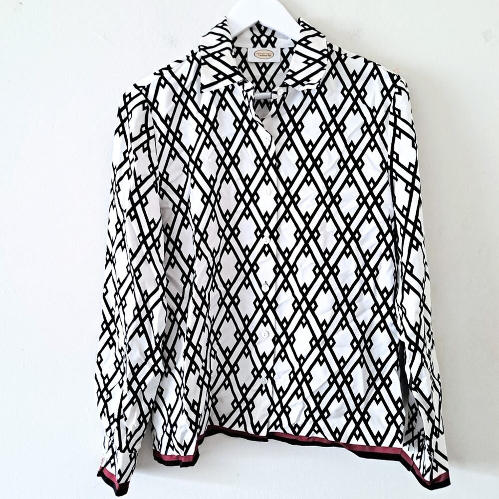 Talbot 100% Silk Ivory Black & Red Notch Collar Long Sleeve Top